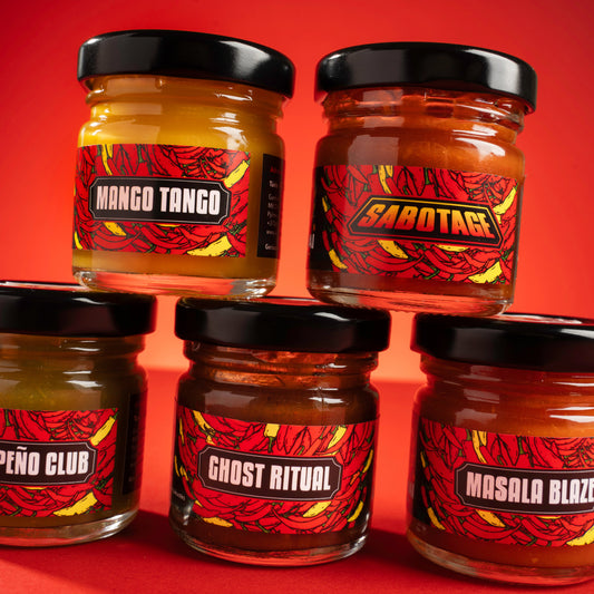 Aštrių Mini padažų rinkinys - Nuo Gaivos iki Liepsnos – Pilnas 5-ių Padažų Setas