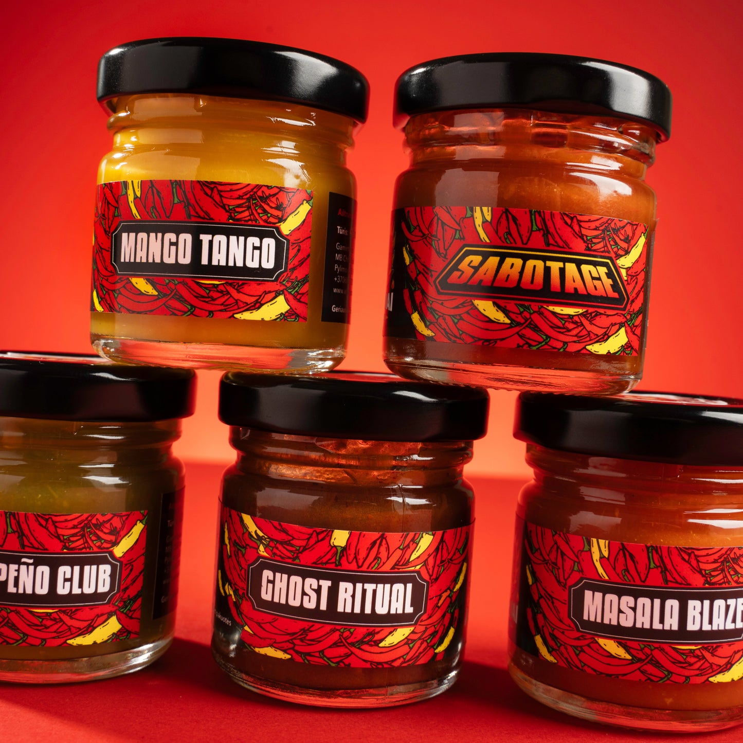 Aštrių Mini padažų rinkinys - Nuo Gaivos iki Liepsnos – Pilnas 5-ių Padažų Setas